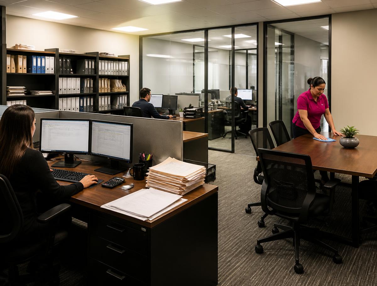 Oficinas de agencia de aduanas con archivos y puestos de trabajo