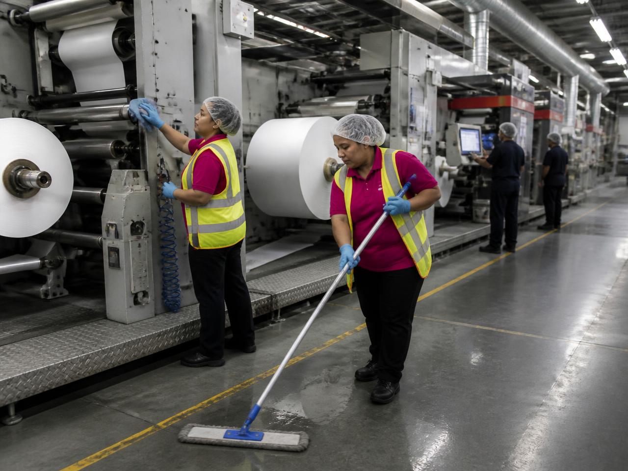 Equipo de TCA con polera magenta, cofia y chaleco reflectante realizando aseo industrial en la planta de impresión de cintas y etiquetas de Codepack