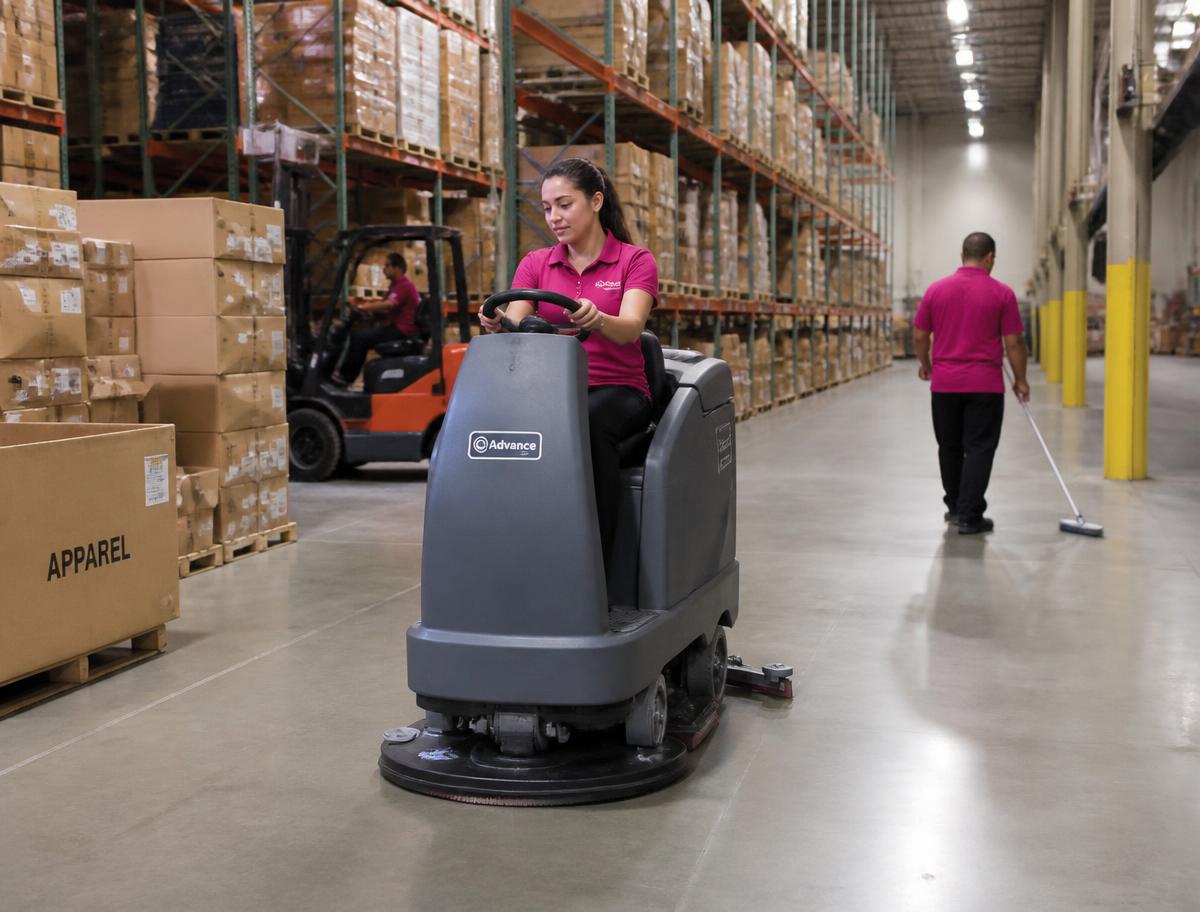 Centro de distribución de retail con equipo operando una fregadora industrial