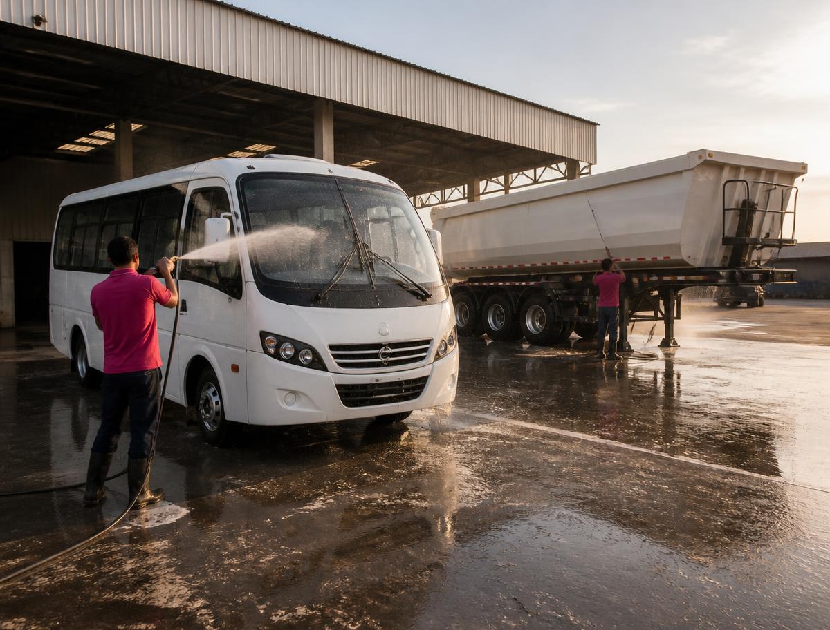 Lavado a presión de buses y maquinaria pesada en patio industrial
