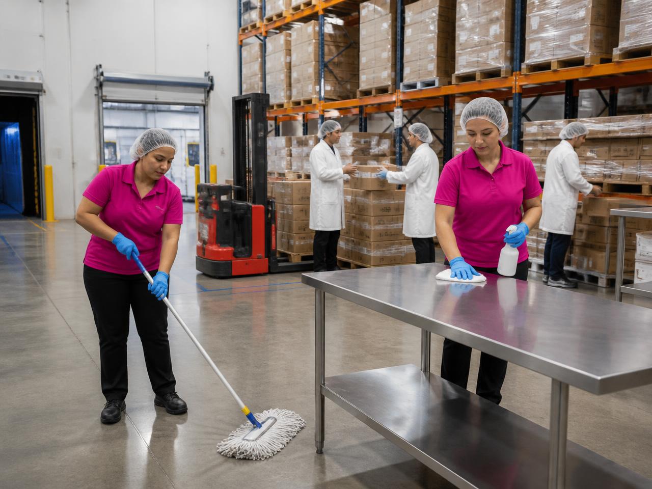 Equipo de TCA con polera magenta, cofia y guantes sanitizando el centro de distribución farmacéutico de Sicmafarma, con personal del cliente en delantal blanco al fondo